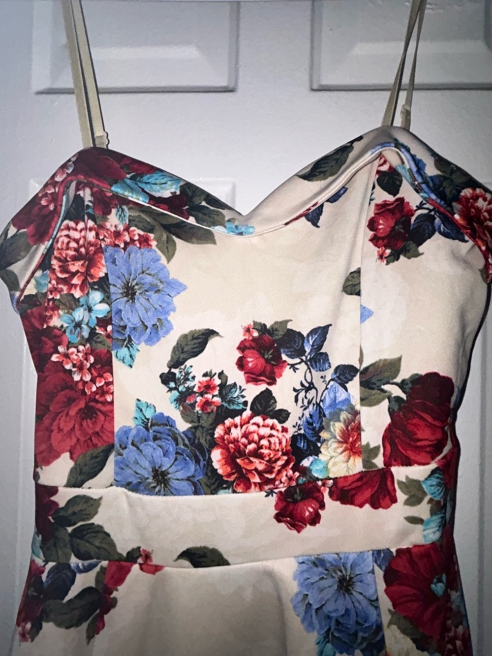 ♥️ Floral Spaghetti‑Strap Fit & Flare Dress in Cream with Red & Blue Blooms - Picture 2 of 3